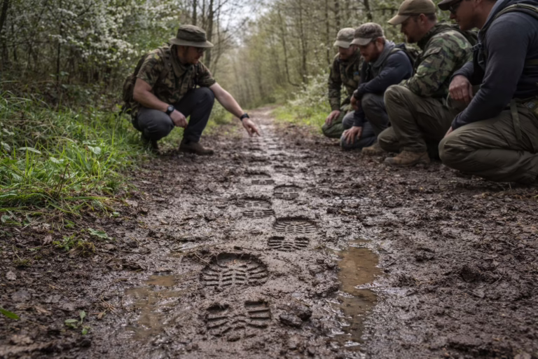 Mantracking and reading signs on a woodland trail in Devon